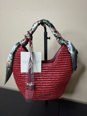 Rachel Zoe | Wine Mini Straw Bag w/ Bag Charm and Vintage Floral Inspired Scarf